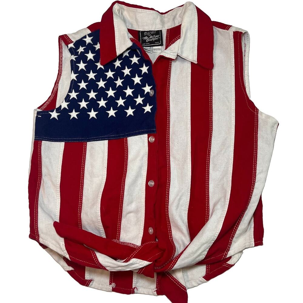Vintage The Antique Boutique USA Flag Top Size L Stars Stripes Tie Front USA VTG